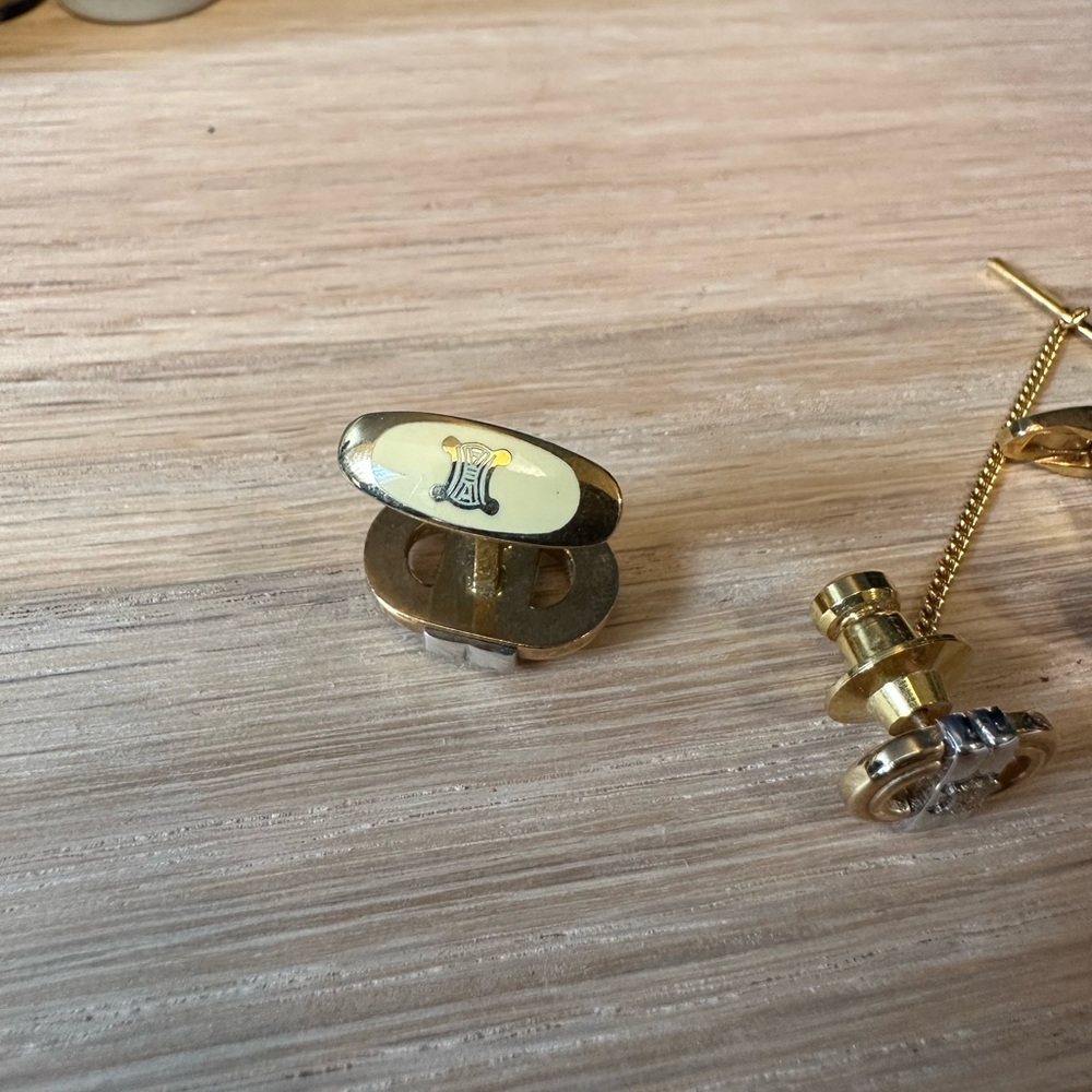 Celine Vintage Paris Logo Cufflinks & Tie Tack Set – Gold & Silver Tone - Picture 3 of 5